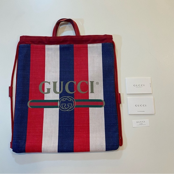 Gucci Striped Canvas Drawstring Backpack Bag - Picture 3 of 12